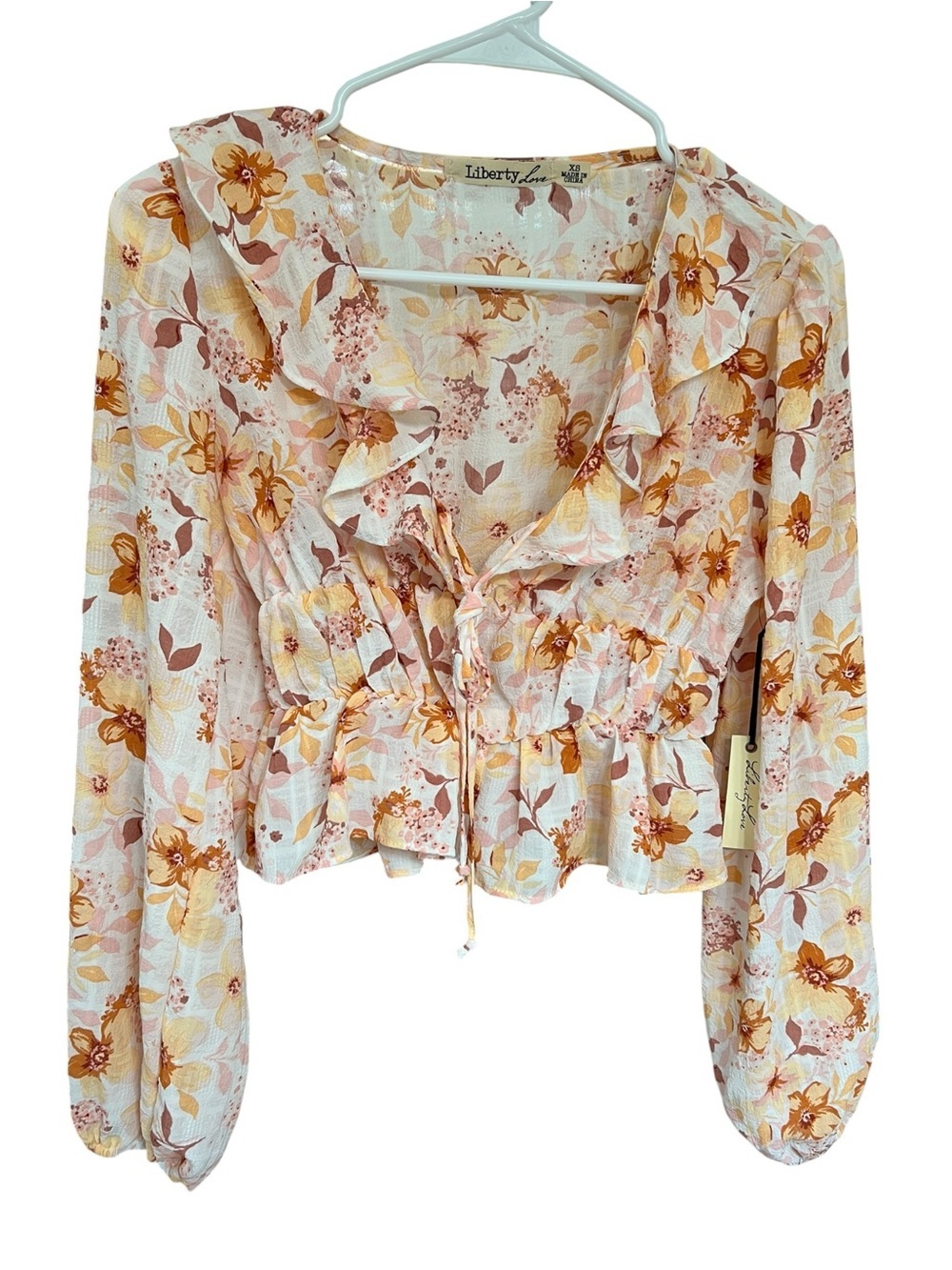 Liberty Love Floral Ruffle Peplum Blouse - Cream, Tan & Yellow